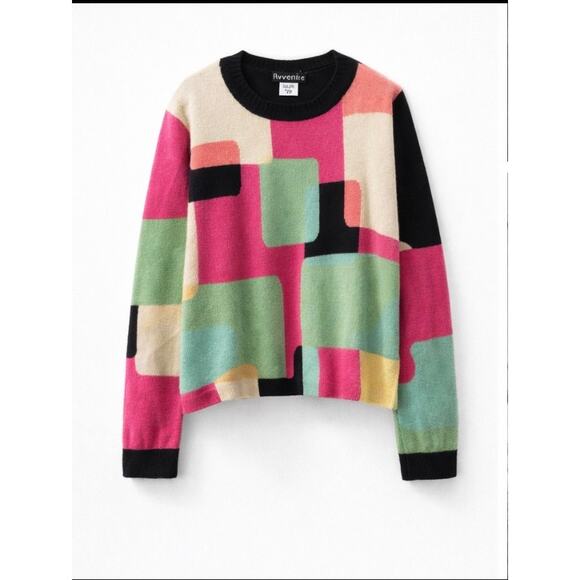 Avverie Sweaters - Avverie 100% Cashmere Sweater PS Colorblock Pink Green Black Crew Neck Soft Luxe